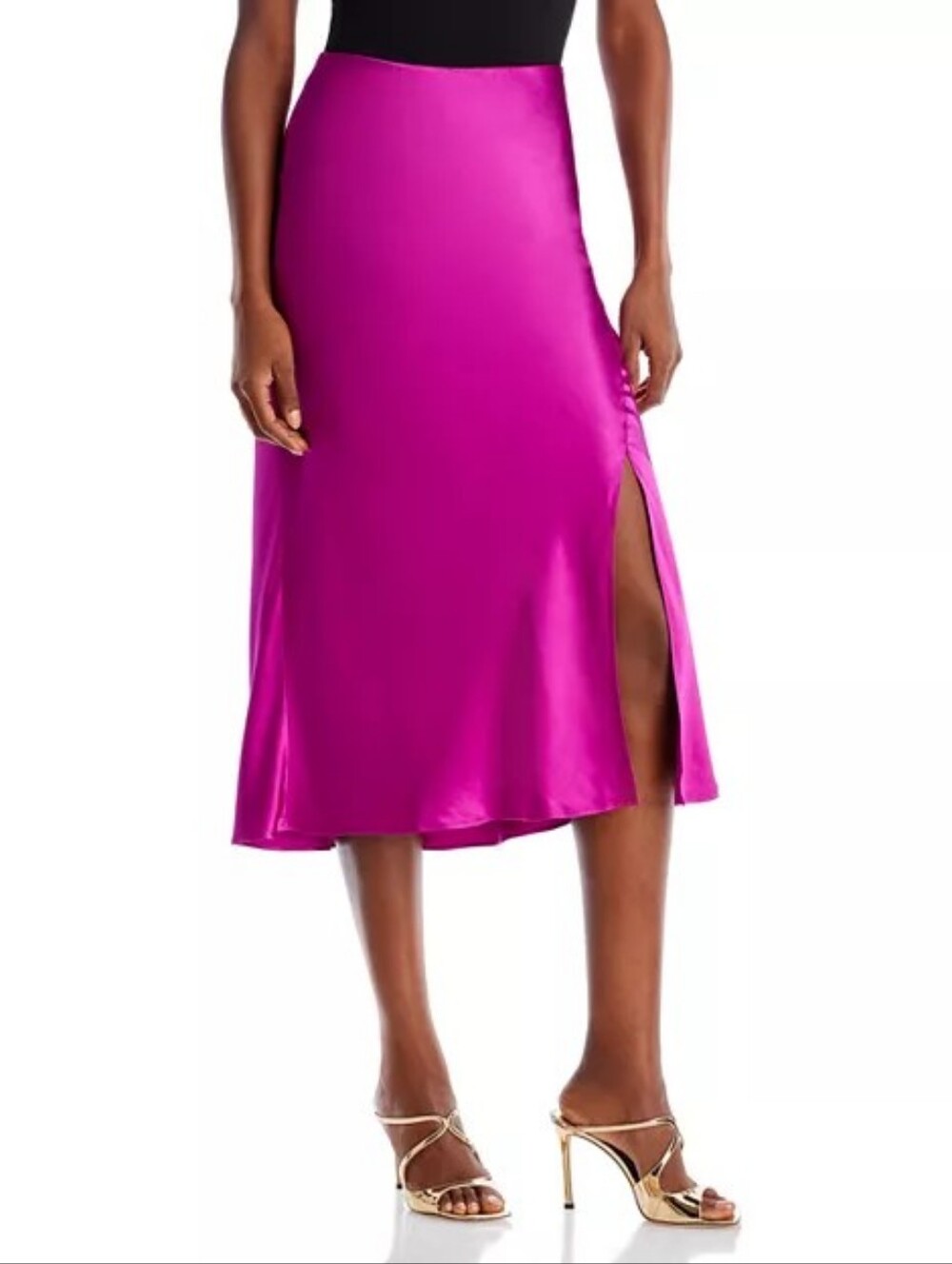 Satin Midi Skirt with Side Slit - Fuchsia Pink